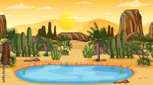 Desert forest landscape at sunset scene with oasis