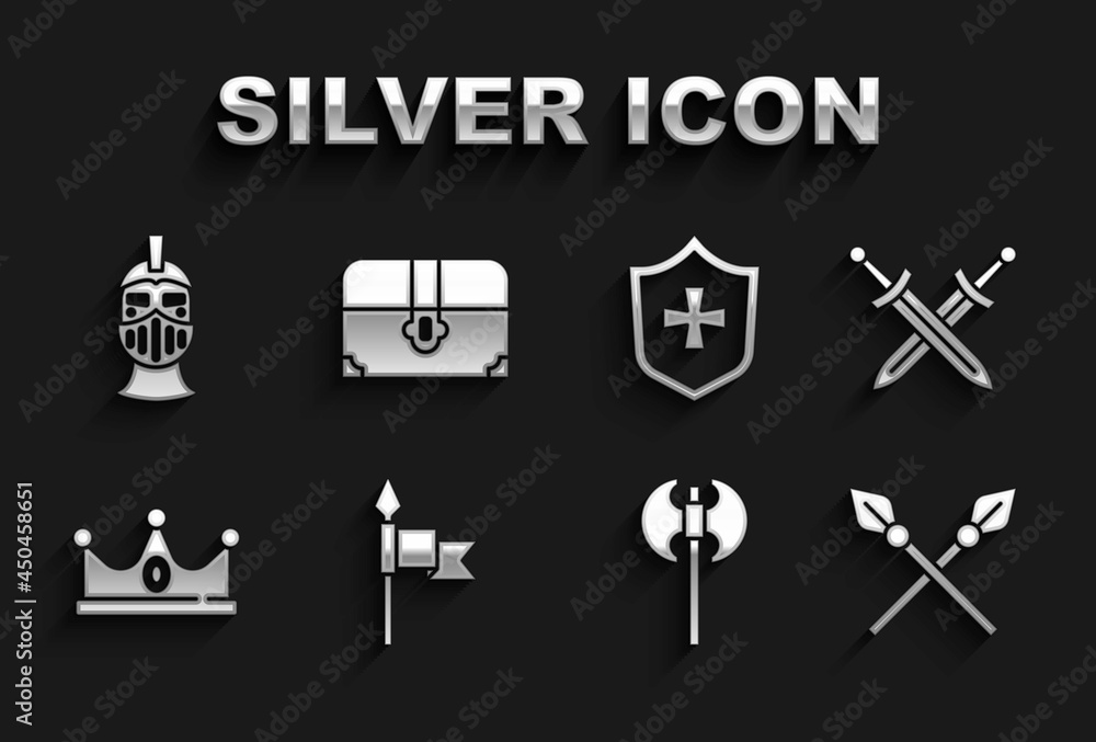 Set Medieval spear, Crossed medieval sword, spears, axe, King crown, Shield, iron helmet and Antique treasure chest icon. Vector Set Medieval spear, Crossed medieval sword, spears, axe, King crown, Shield, iron helmet and Antique treasure chest icon. Vector