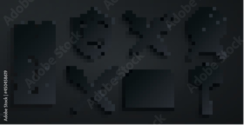 Set Antique treasure chest, Target with arrow, Crossed medieval spears, Hammer, sword and Shield icon. Vector