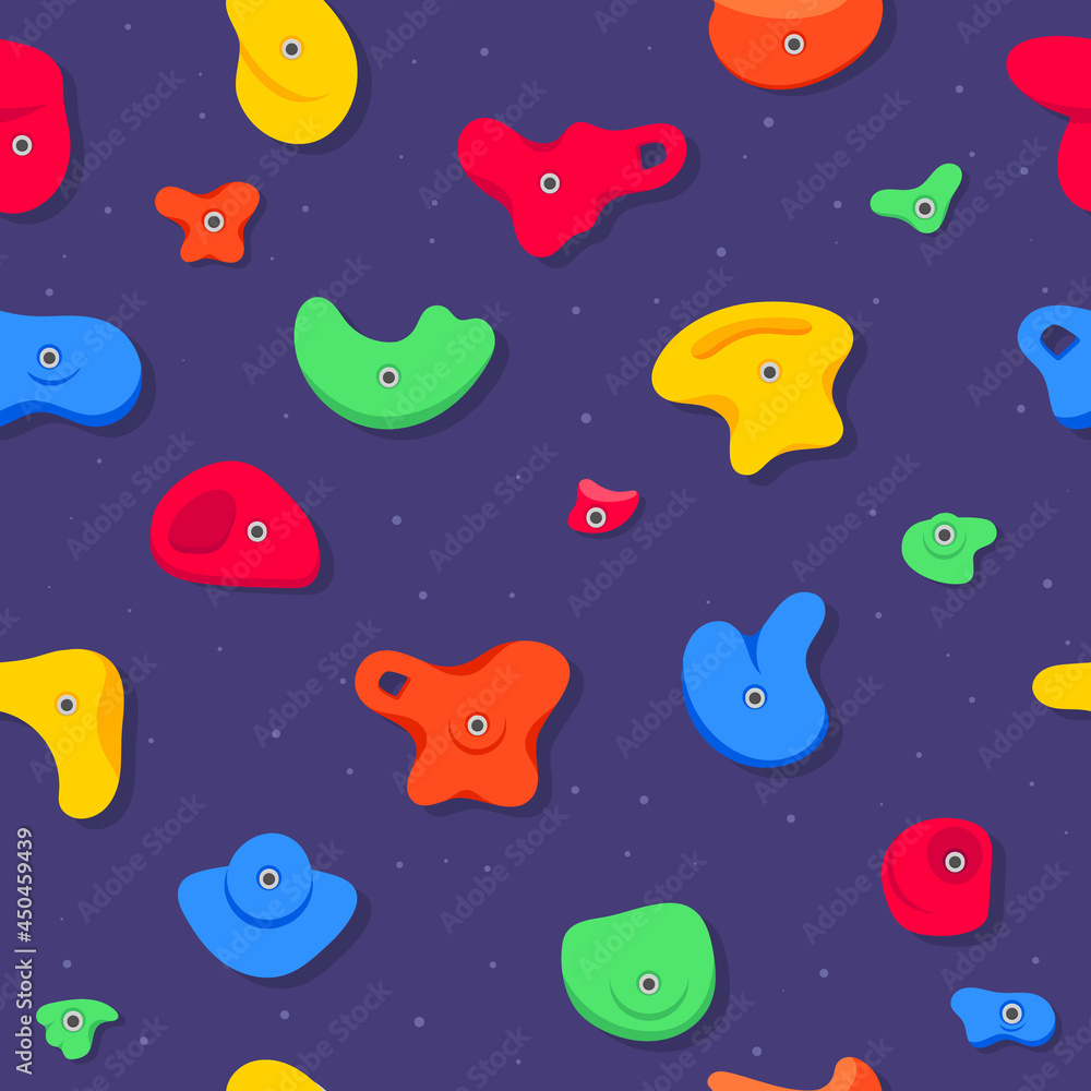 Seamless pattern of climbing grips or holds in the gym bouldering training flat style design vector illustration. Holds for the rock climbing walls. Crimps, jugs, pinches, slopers elements icon signs. Seamless pattern of climbing grips or holds in the gym bouldering training flat style design vector illustration. Holds for the rock climbing walls. Crimps, jugs, pinches, slopers elements icon signs.