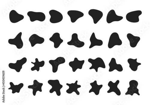 Random abstract liquid organic black irregular blotch shapes flat style design fluid vector illustration set banner simple shape template for presentation design, flyer, isolated on white background.
