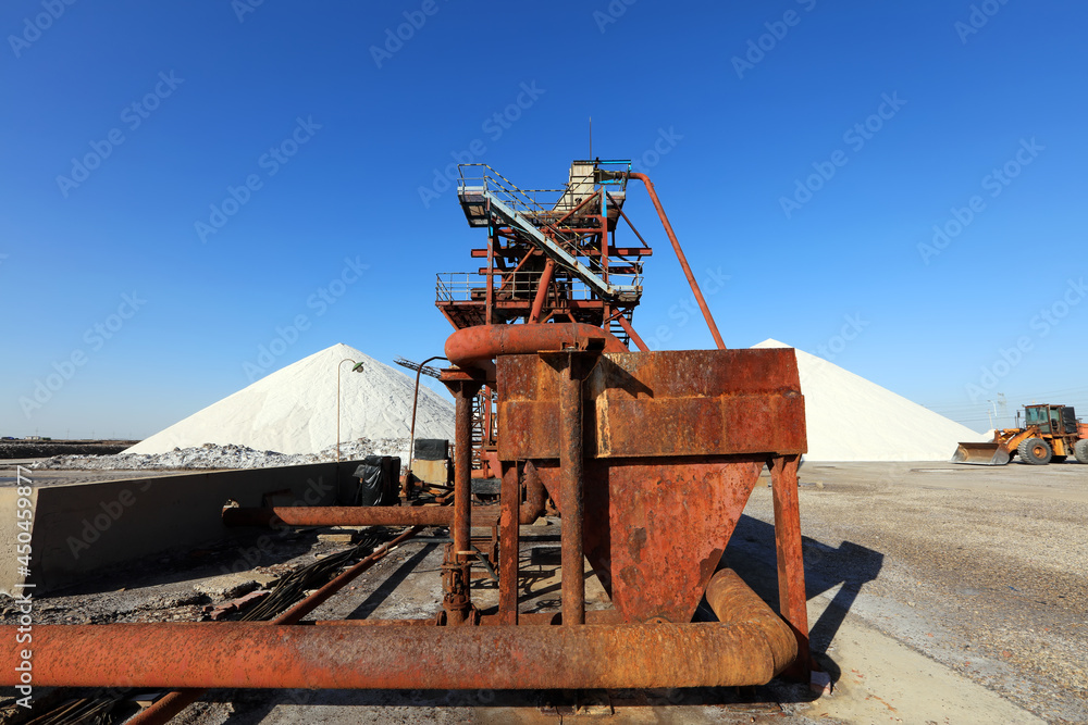 Salt production.  machinery for the treatment of the salt, The equipment and salt stock of a salt plant