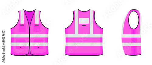 Safety reflective vest icon sign flat style design vector illustration set. Pink fluorescent security safety work jacket with reflective stripes. Front, side and back view road uniform vest.