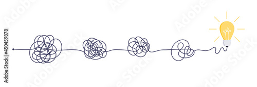 Complex easy simple way from start to idea. Chaos simplifying, problem solving and business solutions idea searching concept vector illustration. Hand drawn doodle scribble chaos lines and light bulb.