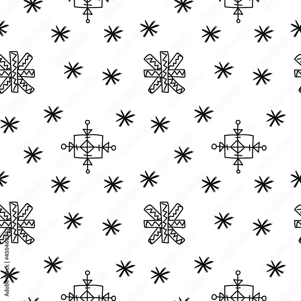 Vector seamless pattern with Scandinavian style snowflakes in black line on white isolated background.Winter,nordic,holiday hand drawn doodle style print.Designs for textiles,wrapping paper,packaging. Vector seamless pattern with Scandinavian style snowflakes in black line on white isolated background.Winter,nordic,holiday hand drawn doodle style print.Designs for textiles,wrapping paper,packaging.