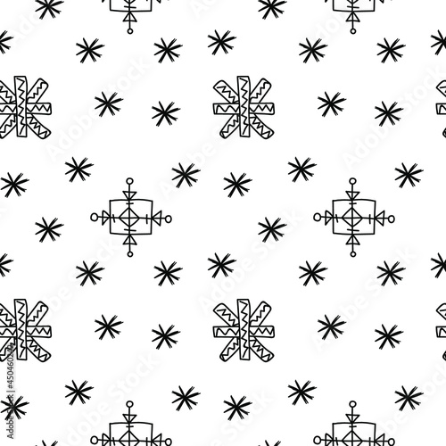 Vector seamless pattern with Scandinavian style snowflakes in black line on white isolated background.Winter,nordic,holiday hand drawn doodle style print.Designs for textiles,wrapping paper,packaging.