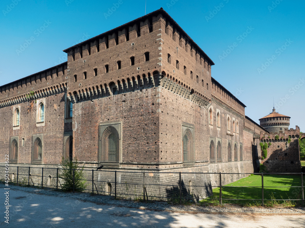 view of the Sforza castle, medieval building and currently a museum.  Milan,Lombardy,Italy.