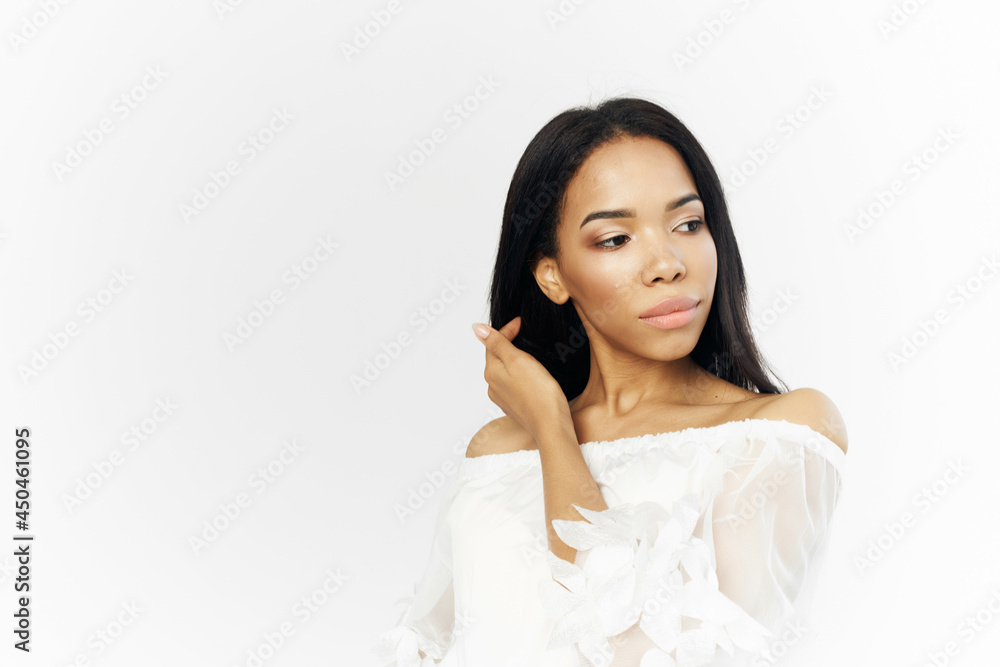 woman african appearance attractive look makeup posing light background woman african appearance attractive look makeup posing light background