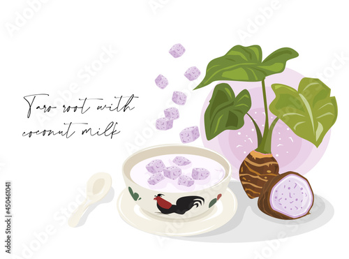 Taro roots in sweet coconut milk serve with chicken bowl crockery. Vector illustration on white background.