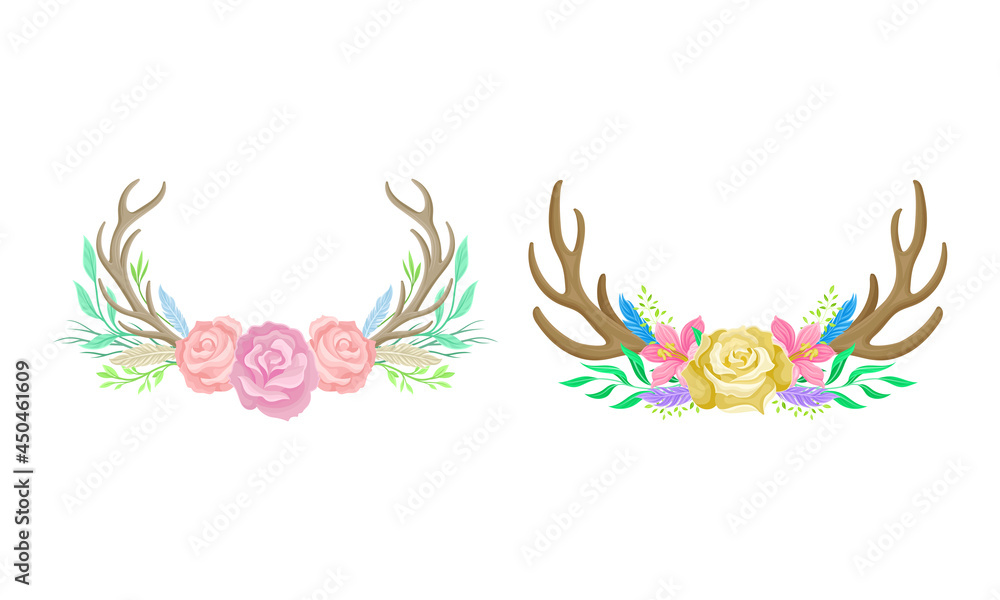 Horns with flowers set. Deer antlers with beautiful rose flowers, boho chic style design element cartoon vector illustration