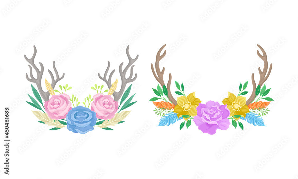 Horns with beautiful flowers set. Deer antlers with flowers, boho chic style design element cartoon vector illustration