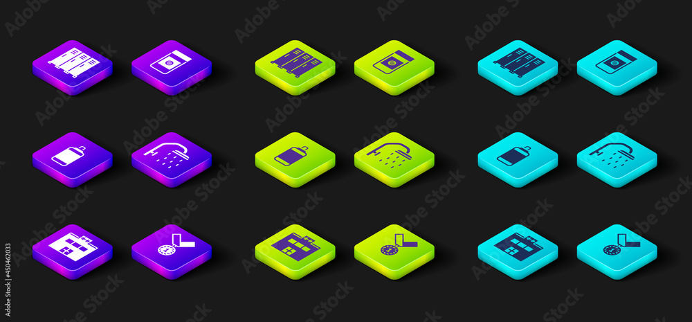 Set Gym building, Medal, Punching bag, Shower head, Anabolic drugs and Locker or changing room icon. Vector Set Gym building, Medal, Punching bag, Shower head, Anabolic drugs and Locker or changing room icon. Vector