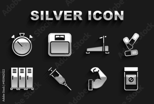 Set Doping syringe, Vitamin pill, Anabolic drugs, Bodybuilder muscle, Locker or changing room, Treadmill machine, Stopwatch and Bathroom scales icon. Vector