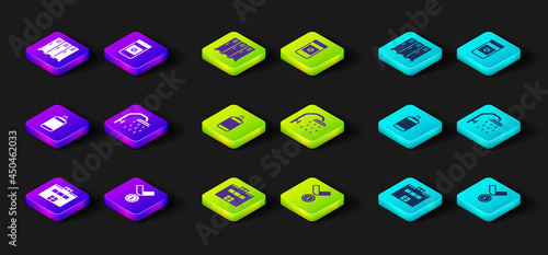 Set Gym building, Medal, Punching bag, Shower head, Anabolic drugs and Locker or changing room icon. Vector