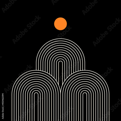 Abstract poster with geometric shapes on black background. Boho wall decor. Mid century minimalist art print. Vector illustration.