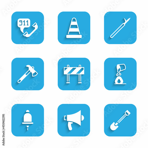Set Road barrier, Megaphone, Fire shovel, Bucket extinguishing fire, Ringing alarm bell, Firefighter axe, Metal pike pole and Telephone call 911 icon. Vector