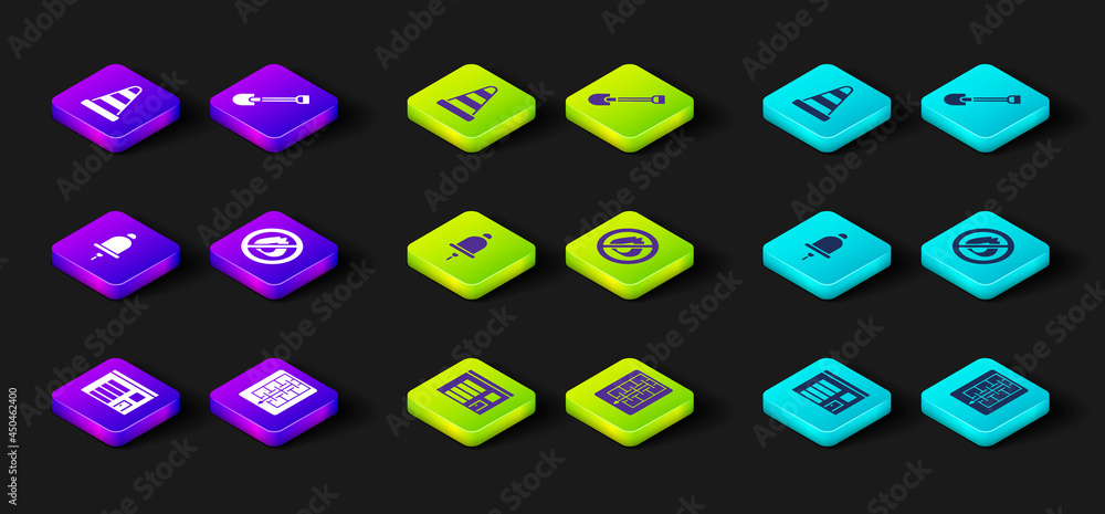 Set Building of fire station, Evacuation plan, Ringing alarm bell, No, Fire shovel and Traffic cone icon. Vector Set Building of fire station, Evacuation plan, Ringing alarm bell, No, Fire shovel and Traffic cone icon. Vector