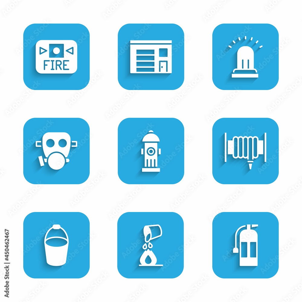 Set Fire hydrant, Bucket extinguishing fire, extinguisher, hose reel, bucket, Gas mask, Ringing alarm bell and system icon. Vector Set Fire hydrant, Bucket extinguishing fire, extinguisher, hose reel, bucket, Gas mask, Ringing alarm bell and system icon. Vector