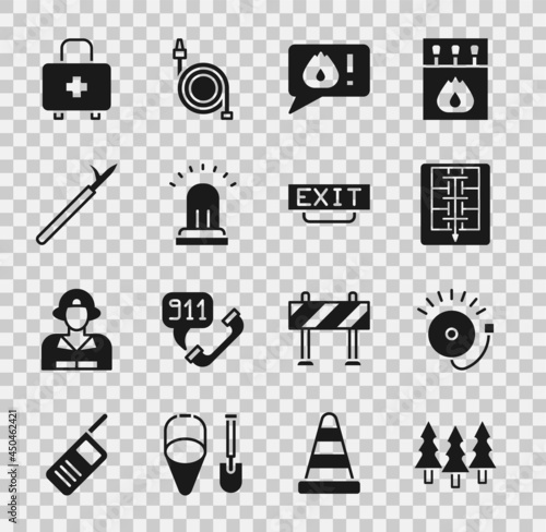 Set Forest, Ringing alarm bell, Evacuation plan, Telephone call 911, Metal pike pole, First aid kit and Fire exit icon. Vector