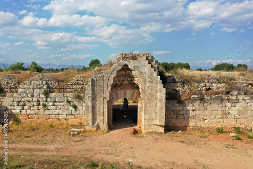 Evdir Han Caravanserai was built in 1210-1219 during the Anatolian Seljuk period. The caravanserai is currently in ruins. Antalya, Turkey.