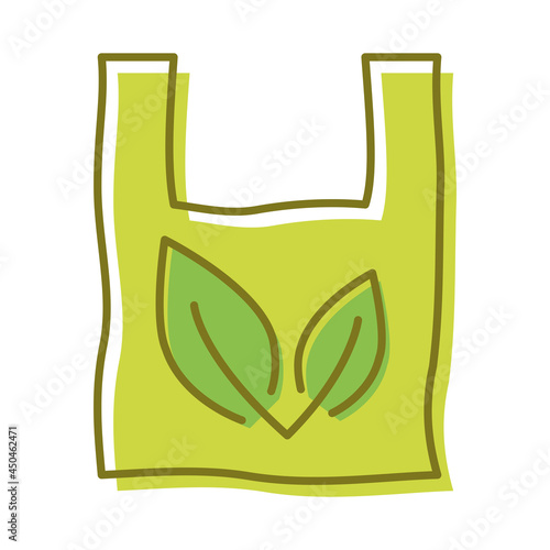 Plastic bag with leaf, icon. Biodegradable, compostable and bio plastic. Eco friendly compostable material production. Zero waste, nature protection concept. Vector