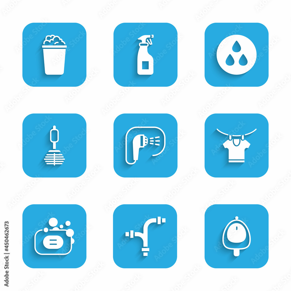 Set Shower, Industry metallic pipe, Toilet urinal or pissoir, Drying clothes, Bar of soap, brush, Water drop and Bucket with suds icon. Vector Set Shower, Industry metallic pipe, Toilet urinal or pissoir, Drying clothes, Bar of soap, brush, Water drop and Bucket with suds icon. Vector