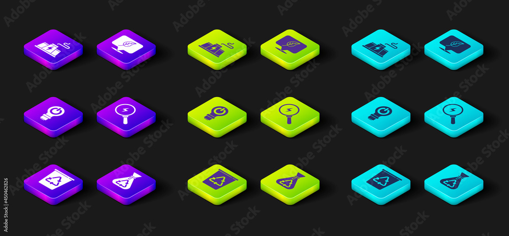 Set Recycle bin with recycle, Garbage bag, Light bulb lightning, Lightning bolt, Location leaf and Power station plant factory icon. Vector Set Recycle bin with recycle, Garbage bag, Light bulb lightning, Lightning bolt, Location leaf and Power station plant factory icon. Vector