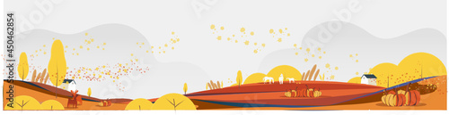 Flat banner vector illustration of Autumn or falls season.Rural countryside background with hut foliage leaves ,horses,deer and pumpkins.Wind blowing against autumn rural background.