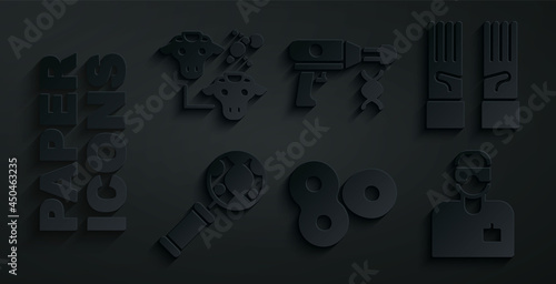 Set Cell division, Medical rubber gloves, DNA research, search, Laboratory assistant, Transfer liquid gun and Cloning icon. Vector