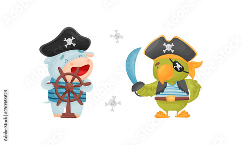 Cute little animals pirates set. Funny parrot, hippo sailor characters cartoon vector illustration