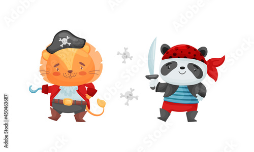 Cute little animals pirates set. Funny lion, panda bear sailor characters cartoon vector illustration