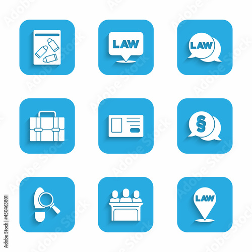 Set Identification badge, Jurors, Location law, Law, Footsteps, Briefcase, and Evidence bag and bullet icon. Vector