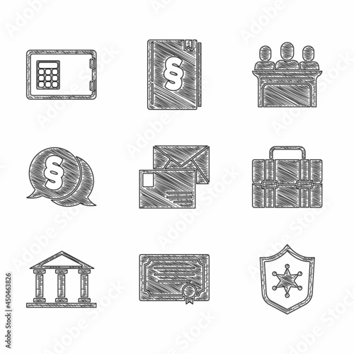 Set Envelope, Certificate template, Police badge, Briefcase, Courthouse building, Law, Jurors and Safe icon. Vector