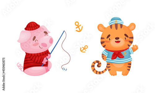Cute baby animals sailors set. Funny pig, tiger captain characters cartoon vector illustration © Happypictures