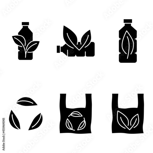 Plastic bag and bottle with leaf icon. Biodegradable, compostable and bio plastic. Eco friendly compostable material production. Zero waste, nature protection concept. Vector