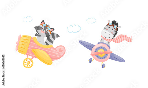 Cute baby animals pilots set. Funny raccoon, zebra, pilot characters flying by airplane cartoon vector illustration © Happypictures