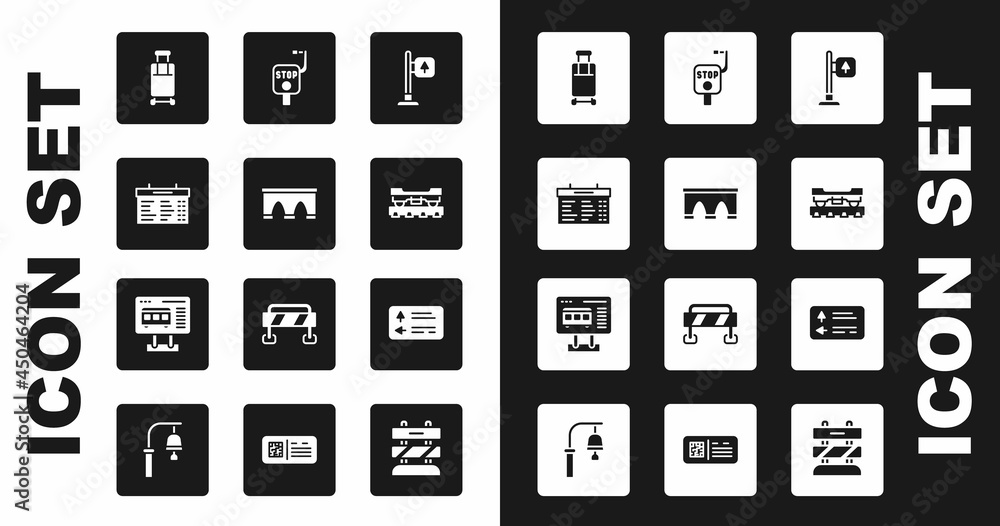 Set Road traffic signpost, Bridge for train, Train station board, Suitcase, Cargo wagon, Emergency brake, and Ticket office to buy tickets icon. Vector Set Road traffic signpost, Bridge for train, Train station board, Suitcase, Cargo wagon, Emergency brake, and Ticket office to buy tickets icon. Vector