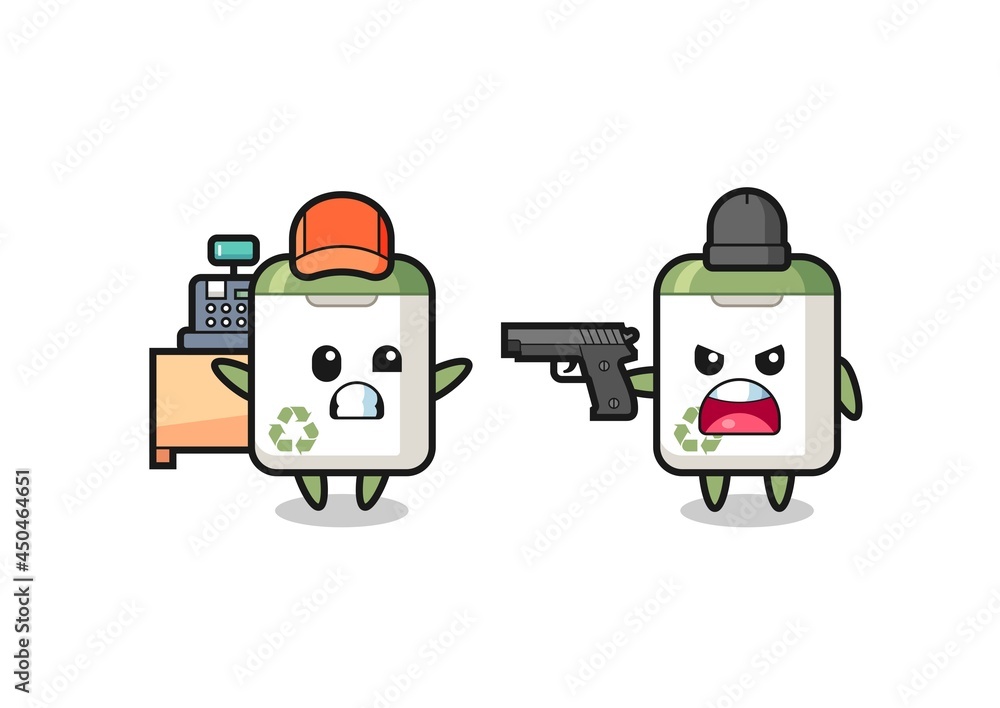 Fototapeta premium illustration of the cute trash can as a cashier is pointed a gun by a robber