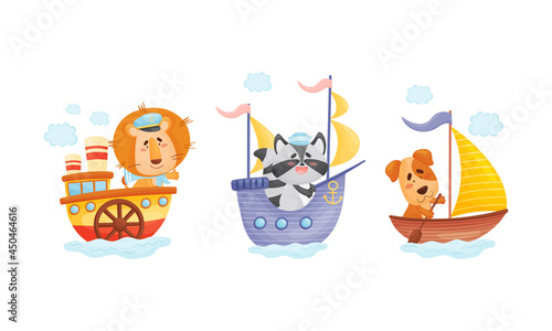 Cute baby animals captains set. Funny lion, raccoon, dog sailors characters floating on ships cartoon vector illustration