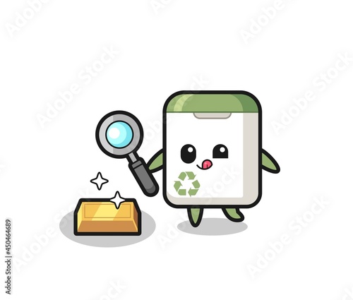 trash can character is checking the authenticity of the gold bullion