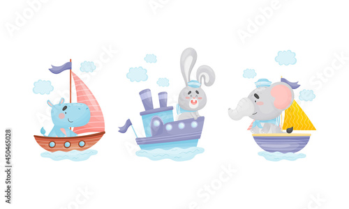 Cute baby animals captains set. Funny hippo  bunny  elephant sailors characters sailing on sailboats cartoon vector illustration