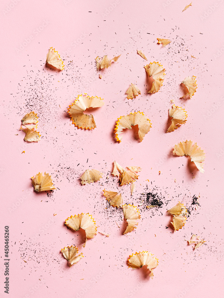 Close up of graphite pencil waste isolated on a pastel pink background. Creative back to school concept. Homework time or drawing activity. Flat lay, top view. Close up of graphite pencil waste isolated on a pastel pink background. Creative back to school concept. Homework time or drawing activity. Flat lay, top view.