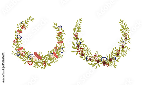 Wreath of leaves, berries, mushrooms and acorns set. Beautiful rustic round Christmas wreaths. Invitation, greeting card, banner decor design vector illustration