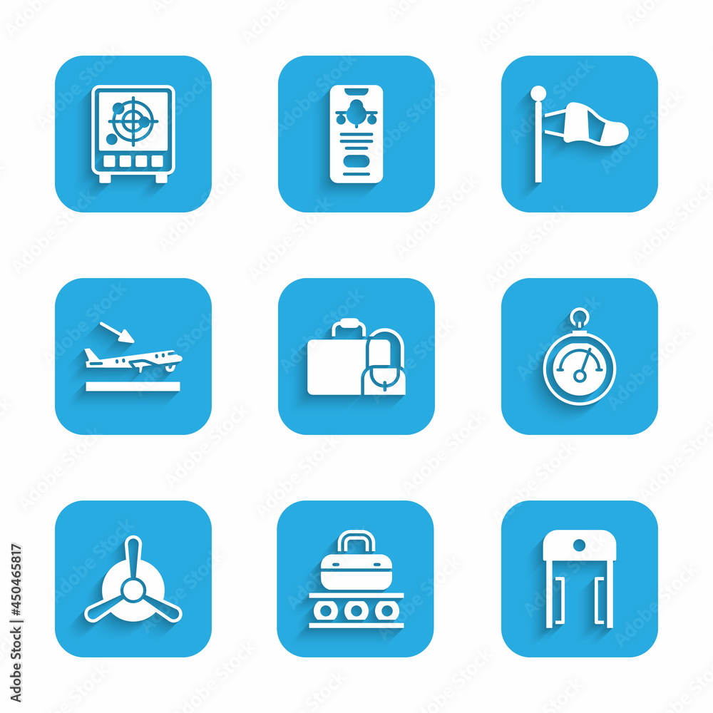 Set Suitcase, Conveyor belt with suitcase, Metal detector in airport, Barometer, Plane propeller, landing, Cone meteorology windsock and Radar targets monitor icon. Vector Set Suitcase, Conveyor belt with suitcase, Metal detector in airport, Barometer, Plane propeller, landing, Cone meteorology windsock and Radar targets monitor icon. Vector