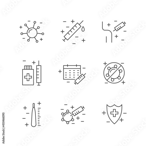 Vaccination and immunization line icon set. Collection of linear symbols. Vaccines against virus, vaccination sheldule, anti vaccine, shield virus. Flu, hepatitis, measles covid prevention