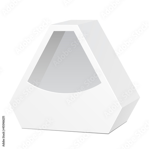 White Die Cut Box Cardboard Hexagon Triangle Carry Box Bag Packaging With Window For Food, Gift Or Other Products. On White Background Isolated. Ready For Your Design. Product Packing Vector EPS10