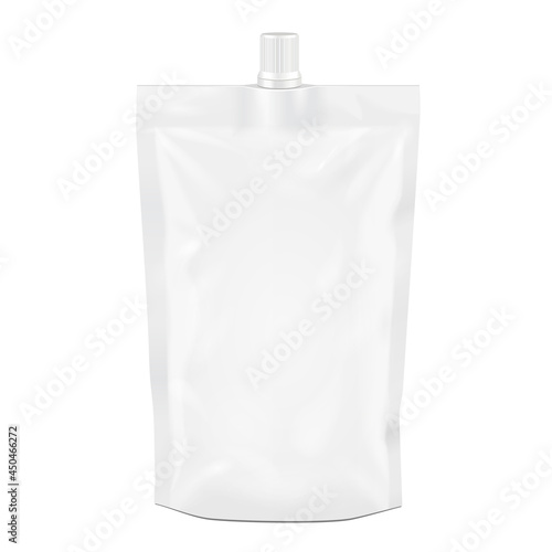 White Blank Doy-pack, Doypack Foil Food Or Drink Bag Packaging With Spout Lid. Illustration Isolated On White Background. Mock Up Template Ready For Your Design. Product Packing. Vector EPS10