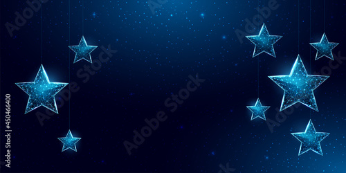 Wireframe stars, low poly style. Banner for the concept of Christmas or New Year with a place for an inscription. Abstract modern 3d vector illustration on blue background.