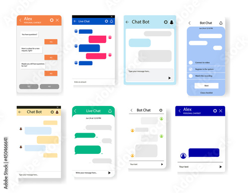 Set of chat bot dialoges windows for website and mobile app. Collection of group text messaging app on smartphone screen. Vector template