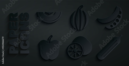 Set Kiwi fruit, Green peas, Apple, Fresh cucumber, Watermelon and Melon icon. Vector